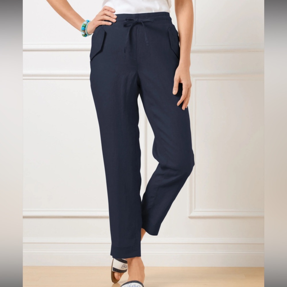 Talbots Navy Blue Drawstring Linen Ankle Pants Petite Small